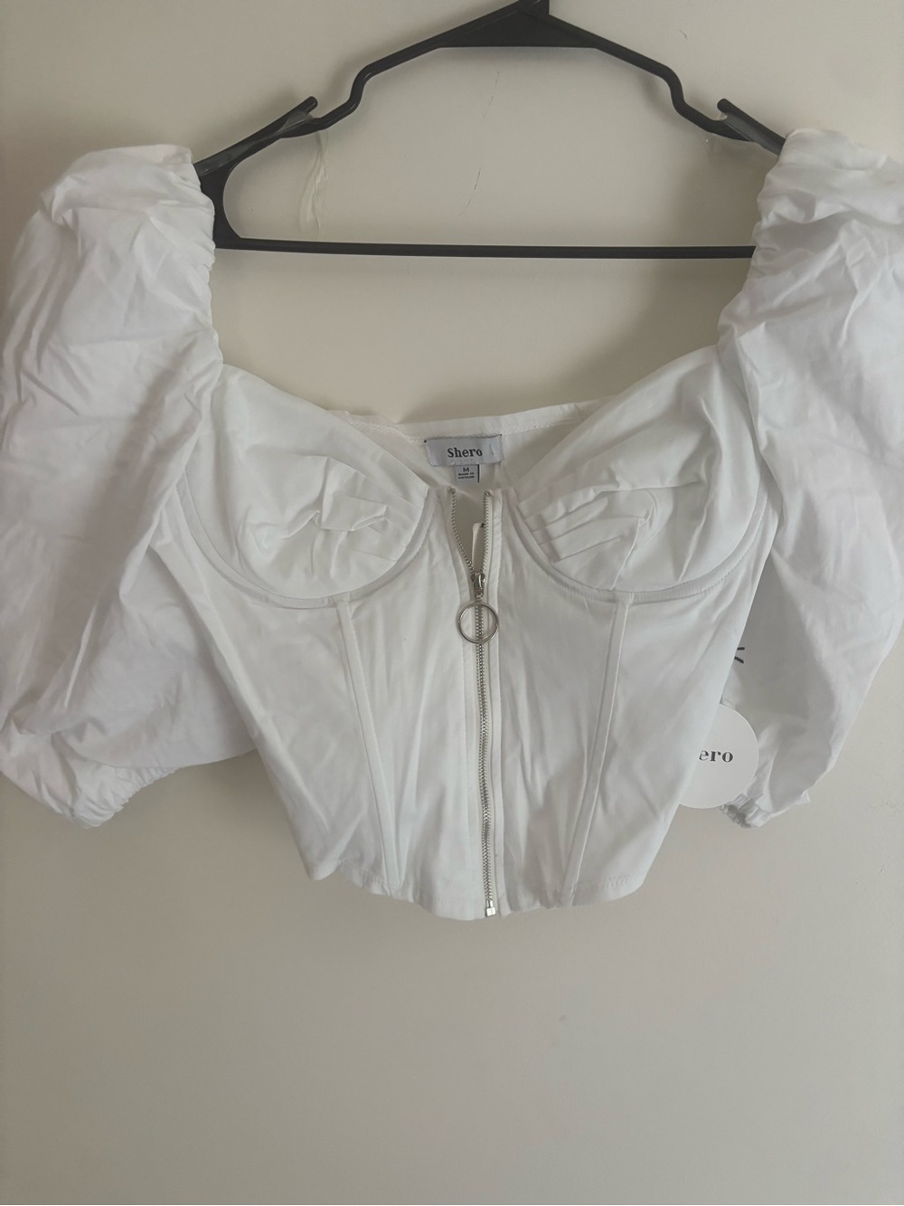 White Puff-Sleeve Corset Crop Top with Front Zip